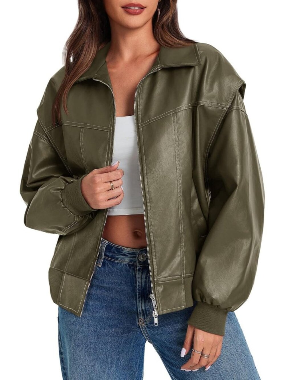 Women's Army Green Oversized Faux Leather Bomber Jacket Motorcycle ZIP Up Coat